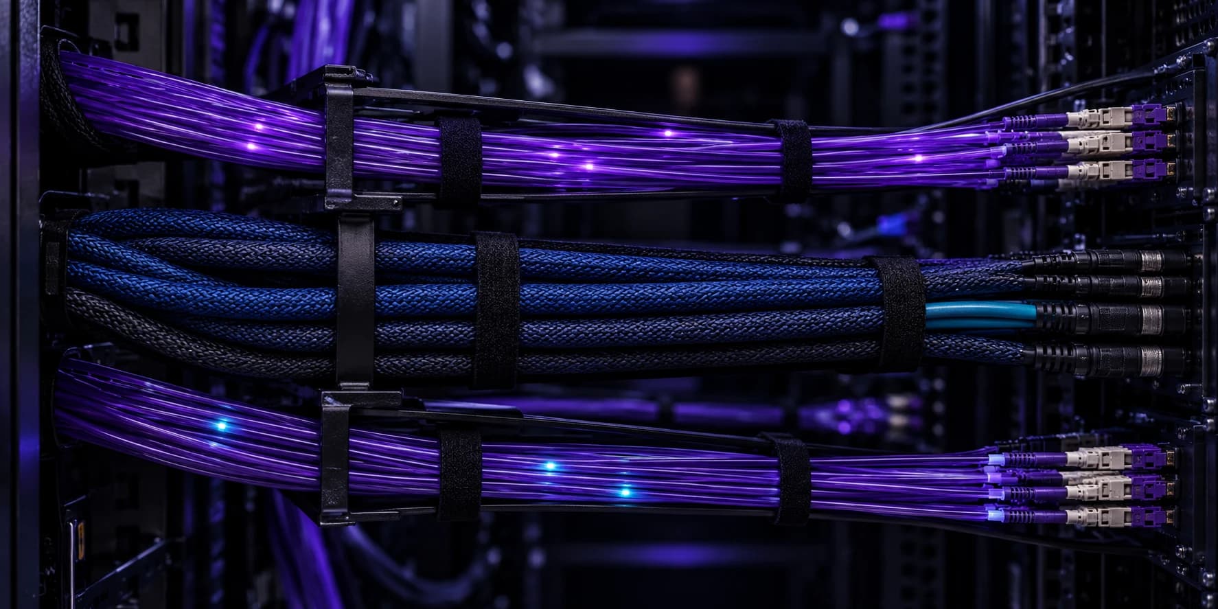 Neatly routed violet fibre-optic and network cable bundles inside a dark server rack
