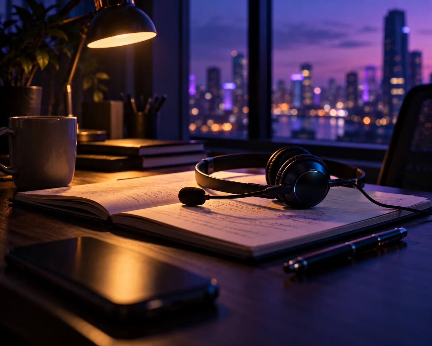 A headset resting on an open notebook beside a phone on a desk at dusk, city lights in the window