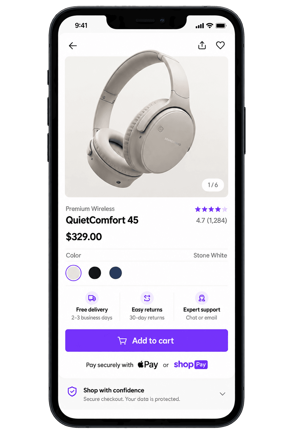 Mobile product page design with gallery, price, color options, delivery details, and an add to cart button