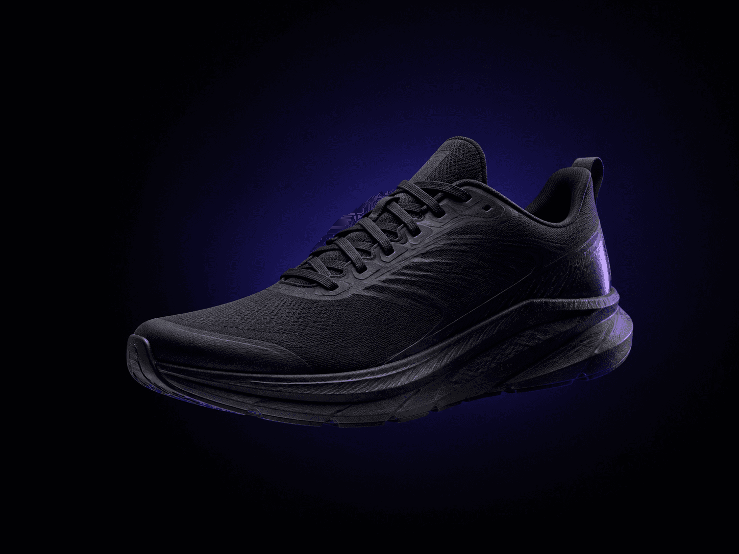Studio product photograph of a black running shoe against a deep blue background